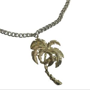 Gold palm tree necklace silver tone chain 20”